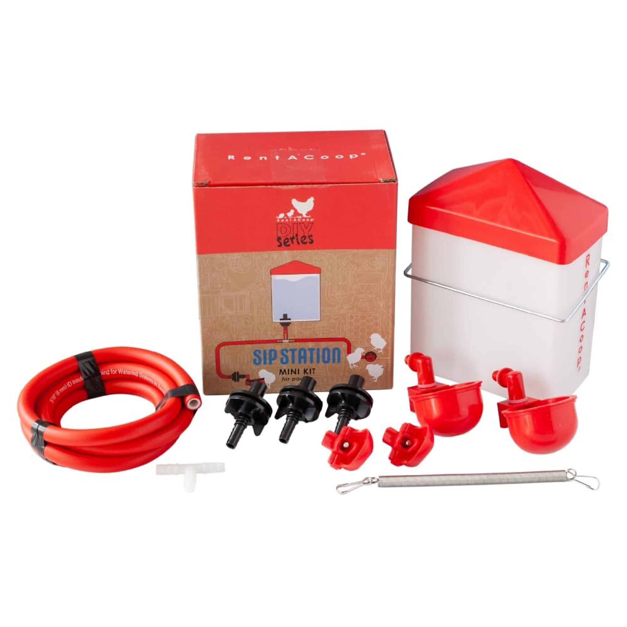 RentACoop, DIY Series Sip Station Mini Kit for Poultry, 64oz Bottle with 6ft tubing, Cage Adaptors, Tubing T's, 2 Autofill Cups, and 2 Horizontal Nipples, Model# DR-2L6F-PLTRY